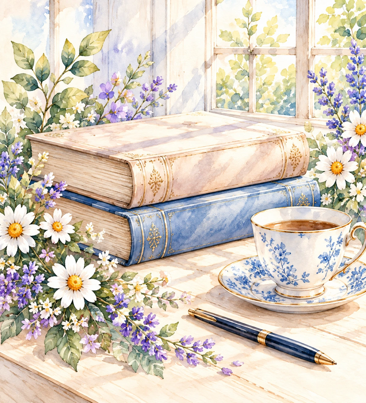 花と本、ティーカップの水彩画