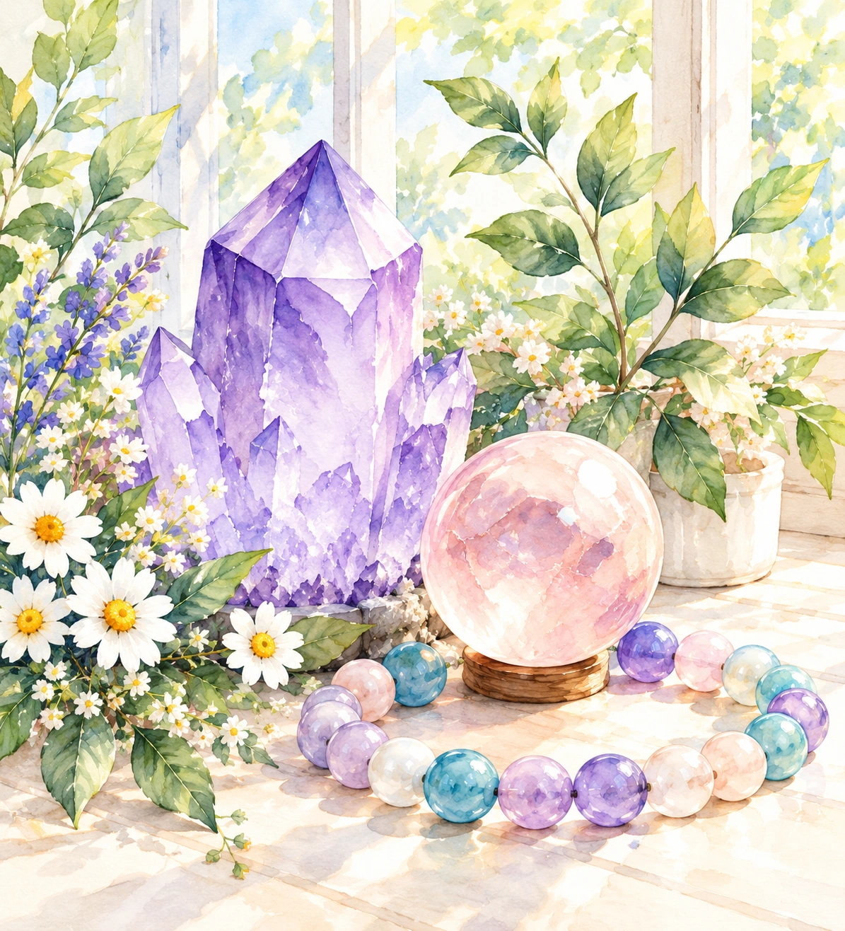 水晶とブレスレット、花のイメージ