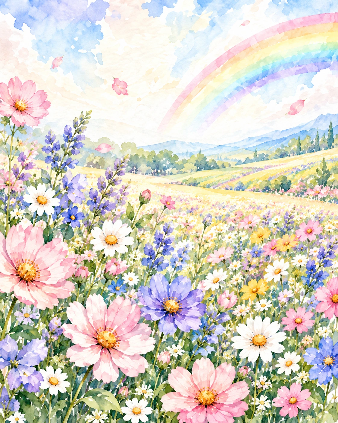 花畑に虹がかかる穏やかな風景の水彩画