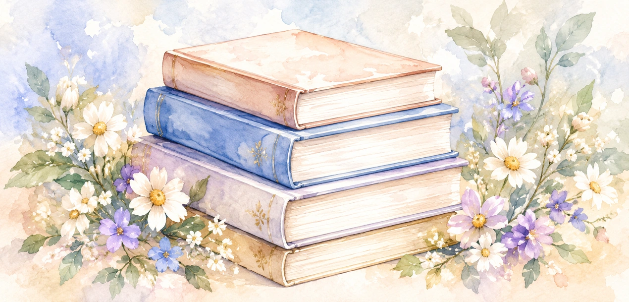 花に囲まれた書籍の水彩イラスト