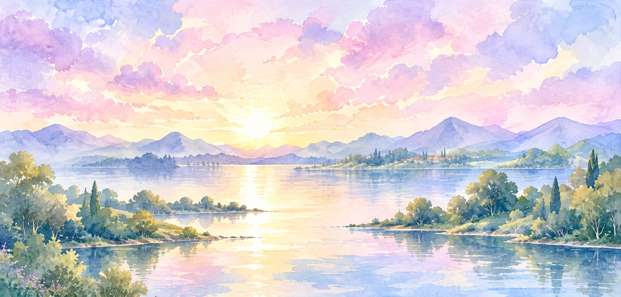 水彩で描かれた穏やかな湖と空