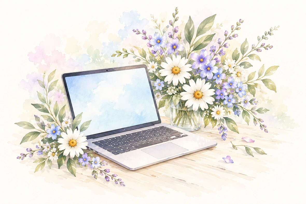花に囲まれたノートパソコン