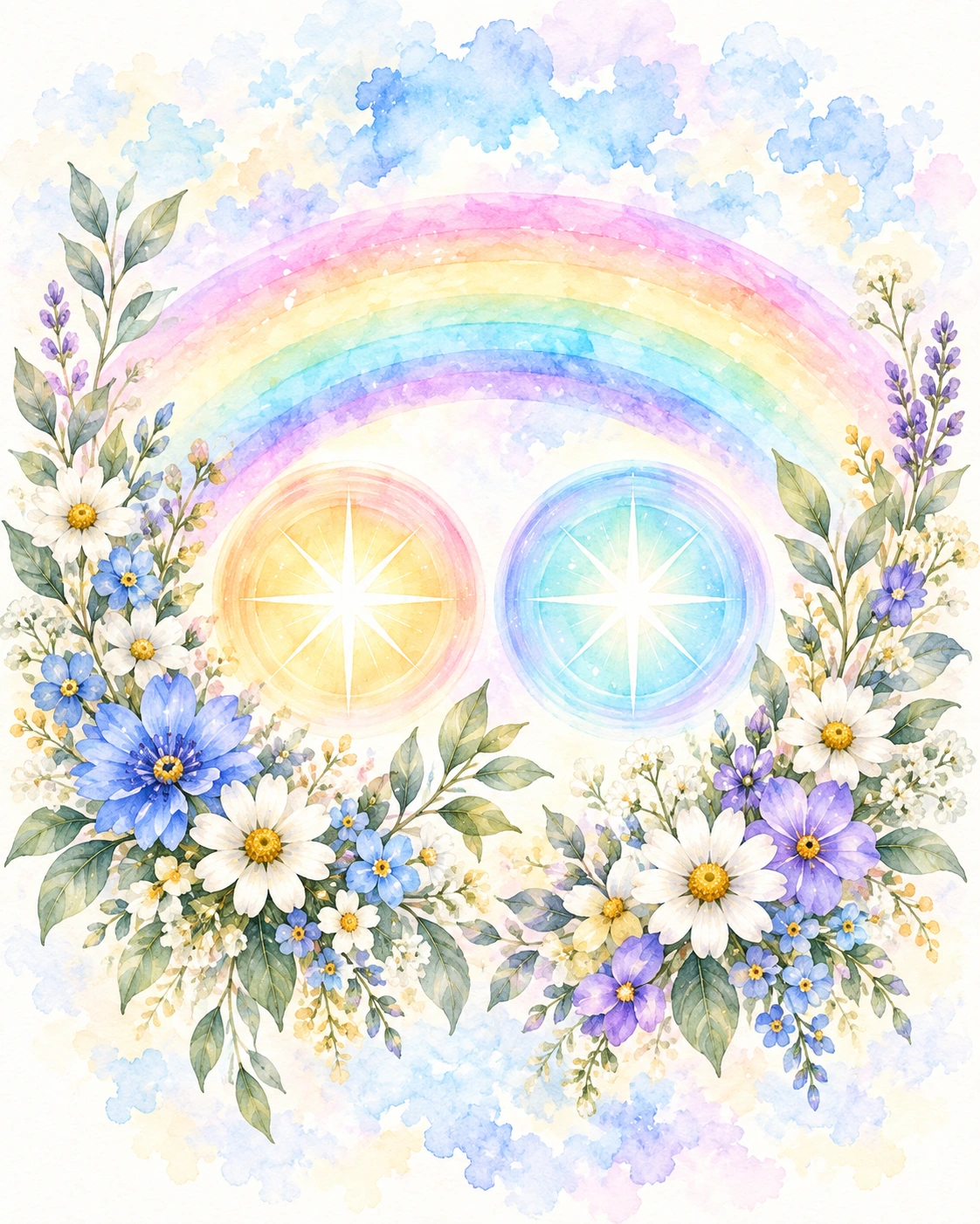 虹と花に囲まれた二つの光