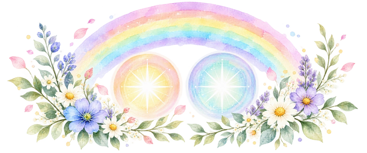 虹と花に包まれた二つの光